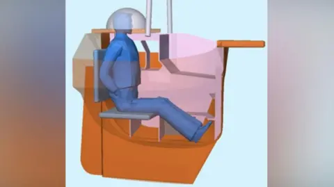 Andrew Bedwell A computer generated graphic showing the dimensions of the yacht with a blue figure sitting inside 