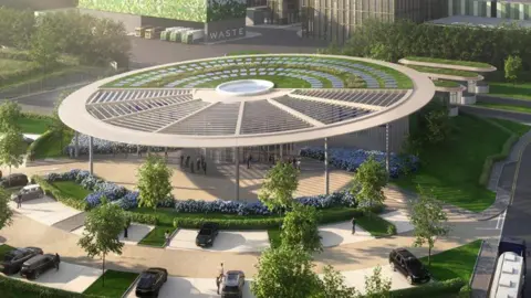 An illustration image of a hydrogen plant. There are trees outside the site, along with parked cars.