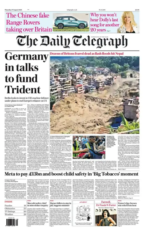 The headline on the front page of the Daily Telegraph reads: "Germany in talks to fund Trident."