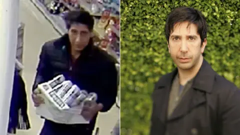 Blackpool Police/Getty Images A CCTV image of the suspect next to an image of actor David Schwimmer