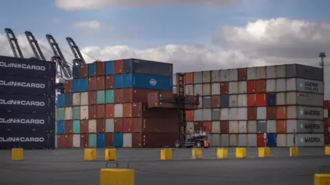 Getty Images containers stacked on the dock at Felixstowe