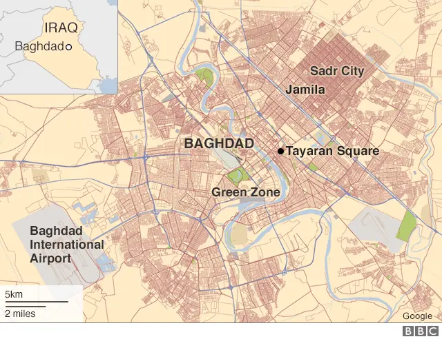 Map of Baghdad showing locations of Tayaran Square and Jamila