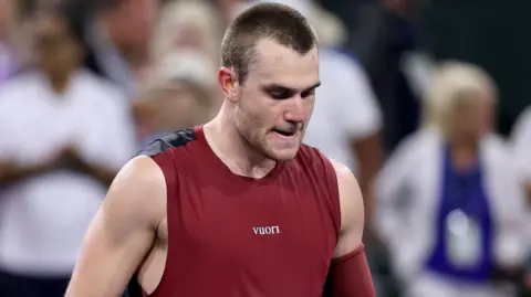 Jack Draper looks down at the court during Indian Wells in March 