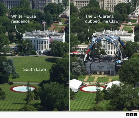 Side-by-side aerial images of the White House and its grounds. The left image shows the White House residence and an open, grassy South Lawn with a fountain in the foreground. The right image shows the same view transformed with a temporary UFC arena structure, including a large stage, seating, and an arched canopy labelled “The Claw”, set up directly on the lawn in front of the White House