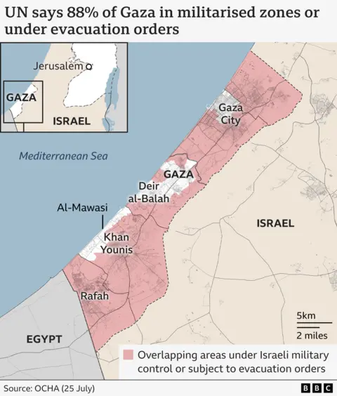 Map of Gaza showing areas under Israeli evacuation orders or under Israeli military control (25 July 2025)