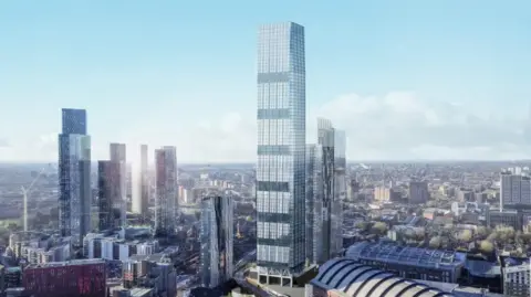 Salboy An artists's impression of plans to build another huge skyscraper in Manchester. It is silver, and in the background are loads of other skyscrapers.