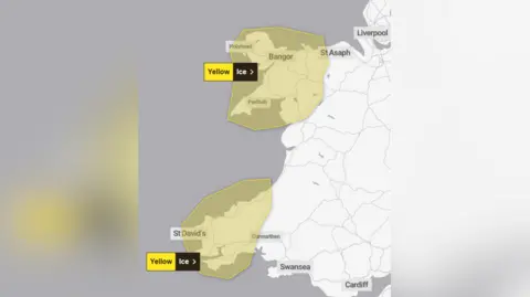 Met Office A graphic my the Met Office which shows two yellow circle over south west Wales and north west Wales, highlighting icy conditons.