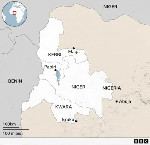 A map showing the locations of the three attacks in north-western and central Nigeria of the past fortnight, which analysts believe were the work of kidnap gangs - not Islamists.