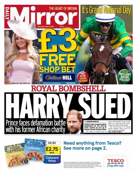 The headline on the front page of the Daily Mirror reads: "Harry sued."