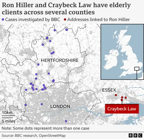 Map of London and the counties instantly  to the northbound  - Hertfordshire and Essex - with 4  reddish  dots successful  Essex representing companies linked to Ron Hiller, and 30 purple dots representing the radical   spoken to by the BBC during this investigation