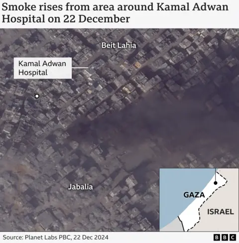 Satellite image showing smoke rising from the area around Kamal Adwan hospital on 22 December 2024