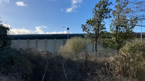 The outer prison wall is visible behind a fence, hedge and trees