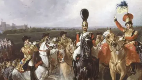 National Army Museum A painting showing the band of the second regiment of Life Guards leaving Windsor Castle in 1830.  On the right is a horsemen turning to the left and raising his arm towards the musicians. to the left can be seen three musicians all playing brass instruments while riding horses, to the far left can be glimpsed more musicians and behind them marching soldiers 