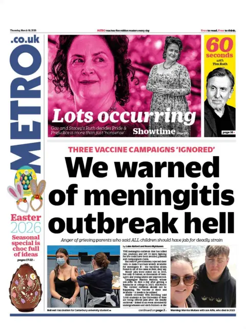 The headline on the front page of the Metro reads: "We warned of meningitis outbreak hell."