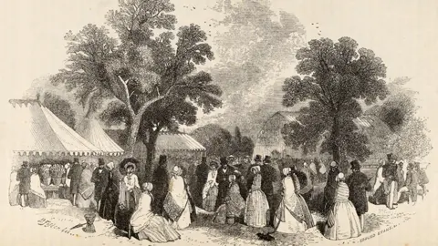 A sketch of the 1827 fete showing women in long dresses, bonnets and shawls over their shoulders and men in suits and top hats. To the left are a number of marquees and in the background there is what looks like a glasshouse. There are also two trees on the left behind the crowds and one on the right, in front of the glasshouse.