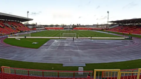 A view from behind the goals of Gateshead FC's International Stadium