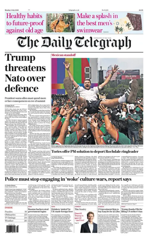 The headline on the front page of the Daily Telegraph reads: 'Trump threatens Nato over defence.'