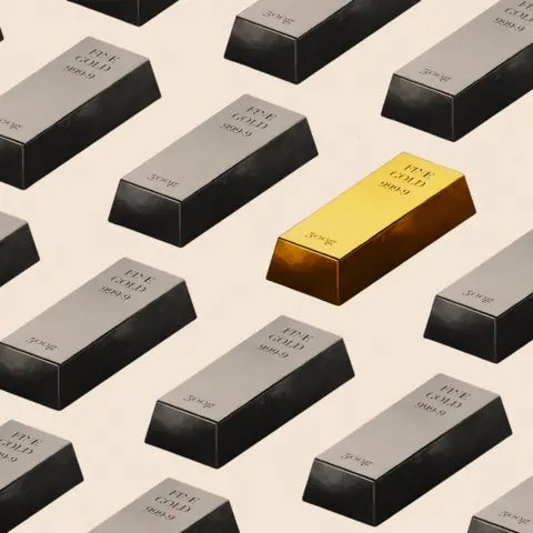 BBC A treated image which shows rectangular pieces with the words "fine gold 999.9" written on them. One is illuminated in the colour gold while the rest are in black and white treatment
