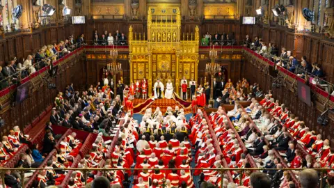 House of Lords/Roger Harris The House of Lords is a very grand looking wood panelled chamber with red benches. Many people are sitting wearing red robes in front of the King and Queen at the State Opening of Parliament.