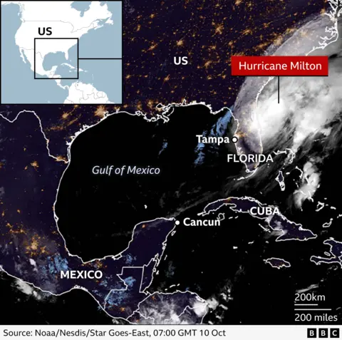 An annotated BBC satellite image shows the position of Hurricane Milton as it passes over the US state of Florida. Locations marked include Tampa and the countries of Mexico and Cuba