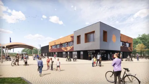 Bristol City Council/Arcadis A CGI of how the Bristol Regional Cycling Hub in Lawrence Weston would look. You can see the entrance to the hub. It's a modern building made of wood panelling and the bottom part says 'tickets'.