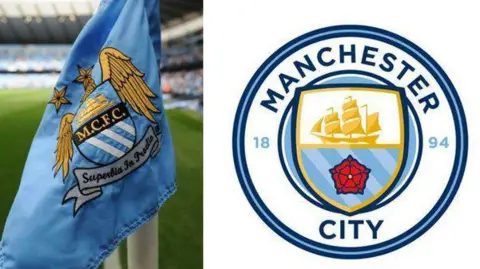 Getty Images/Manchester City A composite image of Manchester City's football crest past and present. The old one is printed onto a light blue corner flag. It has a ship on it and the letters M.C.F.C. It has two stars above it and golden wings. The new crest is circular and spells the club's name out in full. There is a red rose and a golden ship on it.
