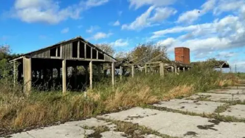 LDRS A few hollowed-out buildings, mostly just a few pillars. Most of the roof is missing off both buildings. The area is overgrown.