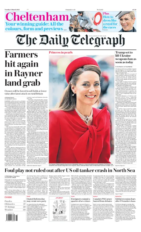 Telegraph Front Page has made an image of Wales's Beaming Princess wearing a red hat and red bow dress