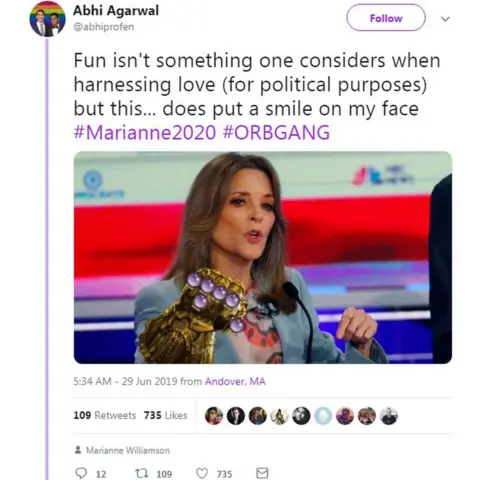 Abhi Agarwal/Twitter A Twitter screenshot which shows Marianne Williamson wearing Thanos' Infinity Gauntlet from Avengers: Endgame