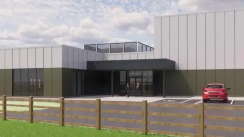 Artist's impression showing the entrance of the new leisure centre at Millom. It is a green and grey building with glass doors.