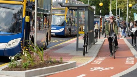 Floating bus stop and cycle lane in Greater Manchester