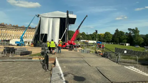 A stage is built next to the Royal Crescent in Bath
