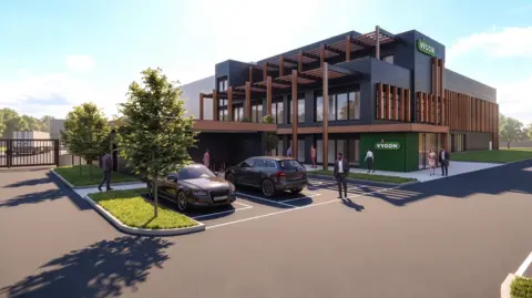 Vygon UK An AI-generated image of the proposal for Vygon's new office headquarters with trees, cars in the car park and people wearing suits, walking around.