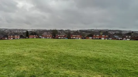 A row of semi-detached houses can be seen with a large open space in front of them.