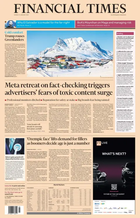 The headline in the Financial Times reads: Meta retreat on fact-checking as advertisers fear rise in toxic content