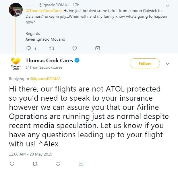 Twitter/Thomas Cook Twitter exchange between Thomas Cook and customer