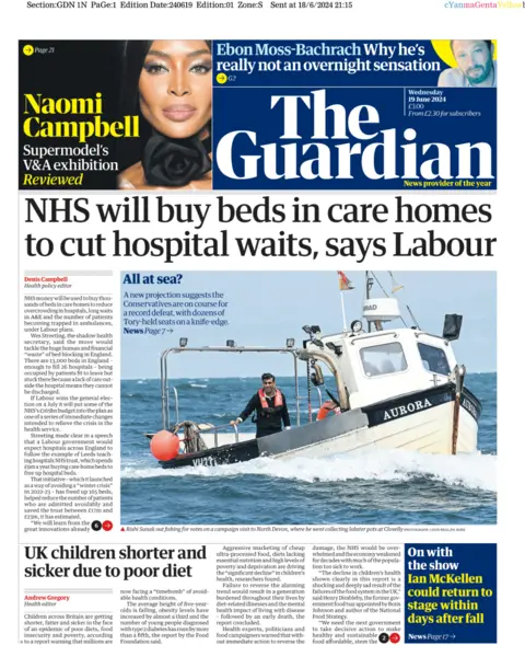 The Guardian The front page of the Guardian, with the main headline reading "NHS will buy beds in care homes to cut hospital waits, says Labour"