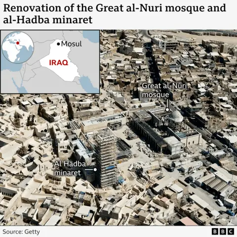 A satellite image shows the place of mosque and tower with a small map showing Mosul located north of Iraq.