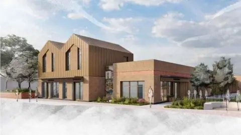 LDRS A drawing of the Dinnington regeneration. It shows to connected red brick buildings. The building on the left has wooden panels on the top half exterior. Both buildings have glass doors and windows. There are trees on the left and right of the building.