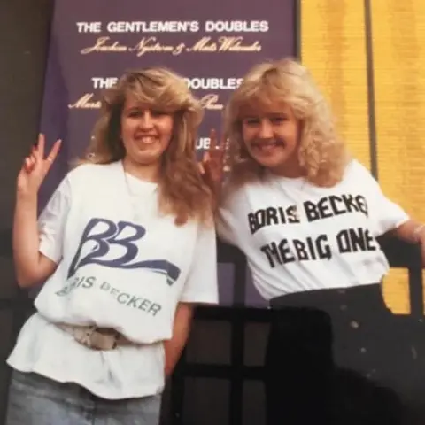 Supplied The two women are both in Boris Becker T-shirts and are making peace signs 
