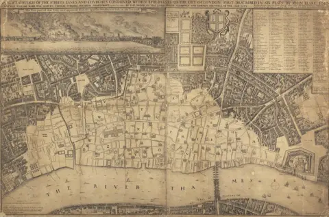 London Metropolitan Archives John Leake’s map (or ‘surveigh’) of the City of London after the Great Fire of 1666, created in 1667