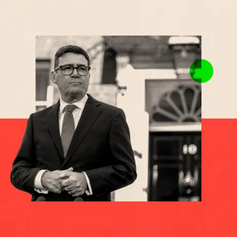 BBC A black and white image showing Andy Burnham as he looks on as he delivers a speech outside 10 Downing Street after taking office
