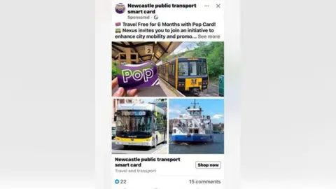 Submitted A screenshot of one version of the scam page. It is called Newcastle public transport smart card. Part of the post which is visible reads "Travel free for 6 months with a Pop Card. Nexus invites you to join an initiative to enhance city mobility and promote..." There is a composite photo of a had holding a purple Pop card in front of a Metro train. Below there are photos of a bus and the Shields Ferry. The post has 22 likes and 15 comments.