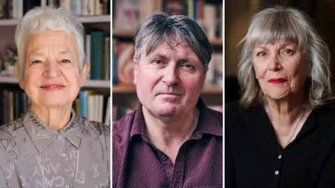 A composite image of three people: Jacqueline Wilson, Simon Armitage and Kate Atkinson