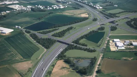 National Highways An artist's impression of an aerial view of the new Roxton Road bridge over a dual carriageway. It is surrounded by a patchwork of fields, trees and warehouses.