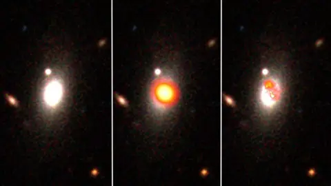 L. K. Morabito/L.K. Williams The picture on the left is of a galaxy observed in visible light. In the middle, its the same galaxy but seen in its radio frequencies and on the right is the high-definition image.