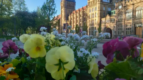 Monica Naughton Crimmins Yellow, purple, white and orange flowers can be seen in the shade next to trees. The main Victorian stone building of the universite basks in setting sunlight on the other side of the road.