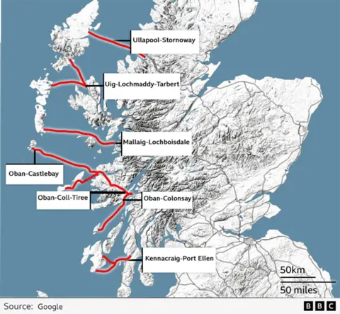 Map of Scotland showing CalMac routes.