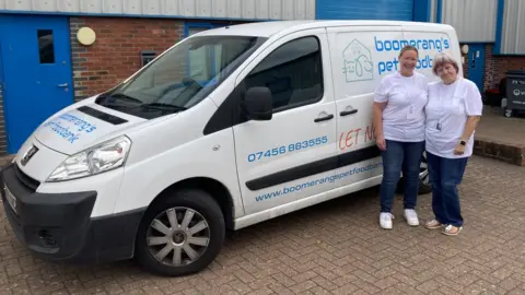 Luke Deal Tanya Rudkin and team member next to Boomerang's Pet Foodbank van in Haverhill