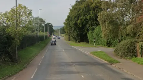 Cars drive along a country road. The road is lined with grass verges and trees. Lampposts are also on the side the road. 